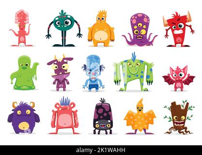 Personaggi mostro di cartoni animati di adorabili alieni vettoriali, bestie di Halloween, animali, creature spaziali e fantasma con volti arrabbiati e felici, sorrisi pazzi e denti brutti. Giocattoli divertenti di goblins, troll, gremlins Illustrazione Vettoriale