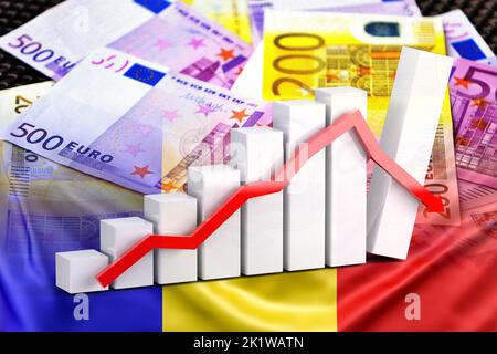 Grafico dell'economia: Freccia verso il basso, banconote in euro e bandiera di Andorra (moneta, economia, affari, finanza, crisi) Foto Stock