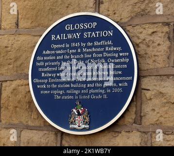 Stazione ferroviaria Glossop, Norfolk Street, Glossop, High Peak, Derbyshire, INGHILTERRA, REGNO UNITO, SK13 7AQ Foto Stock