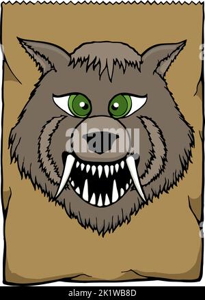 cartoon faccia di un lupo mannaro su un sacchetto di carta Illustrazione Vettoriale