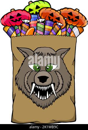 borsa piena di caramelle di halloween con la faccia del lupo mannaro Illustrazione Vettoriale
