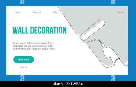 Concetto di riparazione a domicilio. Pagina di destinazione del sito Web. I lavoratori dei riparatori stanno facendo lavori della casa. Personaggi di Cartoon Paint pareti e mettere Tile. Illustrazione del vettore del contorno lineare. Illustrazione Vettoriale