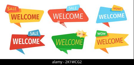 Set di modelli di tag banner di benvenuto. Pubblicità offerta sconto vendita banner segno, sfondo promozione. Super vendita, sconto mockup collezione. Illustrazione del vettore isolato Illustrazione Vettoriale
