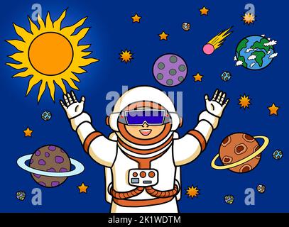 Astronauta della realtà virtuale nell'universo spaziale. Una persona che indossa occhiali VR con sole, terra e stelle sullo sfondo. Fantascienza futuristica metaverse Foto Stock