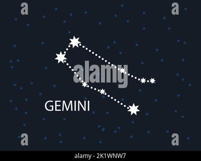 Simbolo dell'Oroscopo Gemini. Costellazione zodiacale con stelle. Mappa di Night Sky. Illustrazione vettoriale dei segni astrologici per il calendario, oroscopo isolato o Illustrazione Vettoriale