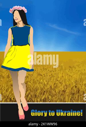 Una ragazza vestita con i colori della bandiera Ucraina sullo sfondo di un campo di grano e cielo blu. illustrazione vettoriale 3d Illustrazione Vettoriale