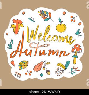 Set di adesivi da un set di foglie, bacche e frutti d'autunno. Ciao, autunno. Adesivo, banner, poster o design con spazio per il testo. Disegnata a mano Illustrazione Vettoriale