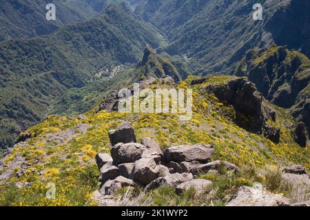 Vista dalla cima di Pico do Arieiro nel centro di Madeira con rocce in primo piano e foresta lontana Foto Stock