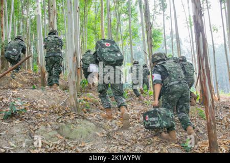 NANNING, CINA - 21 SETTEMBRE 2022 - ufficiali di polizia armati e soldati effettuano una trivella di salvataggio sul campo di battaglia di combattimento che si concentra sul tema dell'addestramento Foto Stock