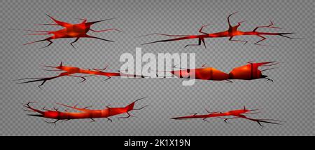Lava nelle crepe al suolo, magnificente del vulcano rosso nei fori di crepe, superficie della terra rovinata. Distruzione, danni effetto fessura dopo disastro isolato su sfondo trasparente, realistico vettore 3D set Illustrazione Vettoriale