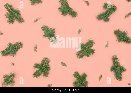 Modello natalizio in rami di abete su sfondo rosa Foto Stock
