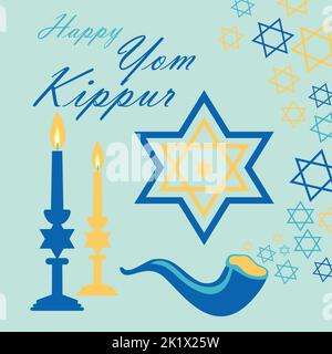 Biglietto d'auguri per la vacanza ebraica Yom Kippur e il Capodanno ebraico, rosh hashanah, con icone tradizionali. Design con il tradizionale Capodanno ebraico Illustrazione Vettoriale