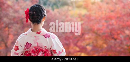 Giovane donna turistica che indossa kimono godendosi con foglie colorate nel tempio di Kiyomizu dera, Kyoto, Giappone. Ragazza asiatica con capelli in stile tradizionale giapponese Foto Stock