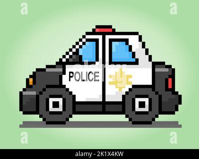 pixel di auto di polizia a 8 bit. Per le risorse di gioco e i modelli Cross Stitch nelle illustrazioni vettoriali. Illustrazione Vettoriale