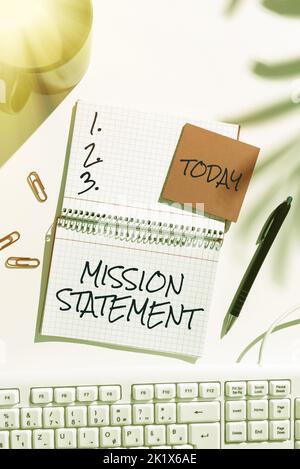 Esposizione concettuale Mission StatementSintesi delle finalità e dei valori di un'azienda. Foto concettuale Sommario formale degli scopi e dei valori di A. Foto Stock