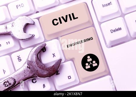 Segnaletica che mostra ingegneria civile progettazione progettazione costruzione di strade ponti edifici pubblici. Vetrina aziendale progettazione progettazione costruzione di strade Foto Stock