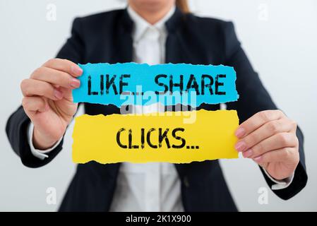 Didascalia concettuale come Share Clicks. Approccio aziendale Content Marketing per aumentare il coinvolgimento dei social media Foto Stock