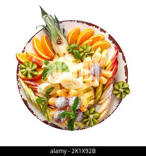 Piatto isolato di frutta a fette assortita Foto Stock