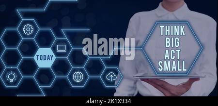 Segno di testo che mostra Think Big Act Small. Concetto che significa grandi obiettivi ambiziosi fare piccoli passi uno alla volta Foto Stock