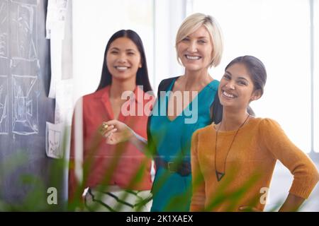 Hanno l'atteggiamento per il successo. Un team di donne d'affari che elaborano uno storyboard su una lavagna in ufficio. Foto Stock