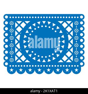 Modello vettoriale Papel Picado con spazio vuoto rotondo per il testo ispirato alle tradizionali decorazioni fiesta dal Messico in blu Illustrazione Vettoriale