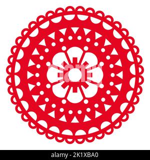 Design rotondo vettoriale Papel Picado con mandala floreale e geometrica, decorazioni in carta garland fiesta messicana con forme ritagliate Illustrazione Vettoriale