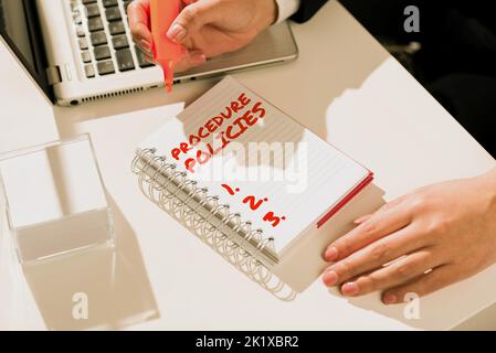 Firma a mano procedura Lostre Stips ai principi guida regole e regolamenti. Fasi di approccio aziendale ai principi guida regole e. Foto Stock