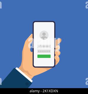 Accedere o accedere alla pagina sullo schermo dello smartphone. La mano tiene lo smartphone. Disegno piatto moderno. Illustrazione Vettoriale