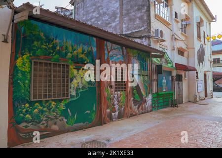 Perak, Malesia - 12 agosto 2022 : Mural d'arte del muro nella città vecchia di Tapah. Tapah è un luogo unico con edifici vintage. Foto Stock