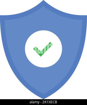 Icona a forma di badge blu con scudo e segno di spunta. Moderna illustrazione vettoriale piatta. Illustrazione Vettoriale