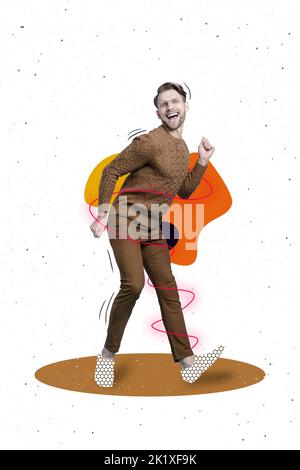Collage 3D immagine di pinup pop retro schizzo di felice sorridente ragazzo ballare con divertente pittura sfondo isolato Foto Stock