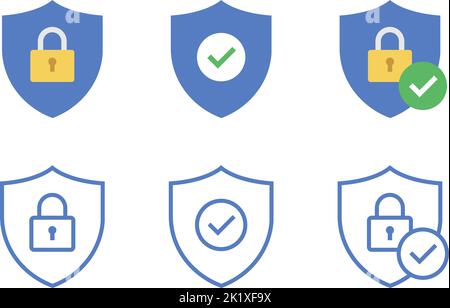 Protezione con lucchetto e segno di spunta. Moderne icone vettoriali piatte e di contorno con tratti modificabili. Illustrazione Vettoriale