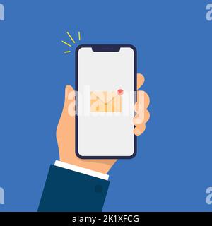 Nuova notifica e-mail sullo schermo dello smartphone. La mano tiene lo smartphone. Disegno piatto moderno. Illustrazione Vettoriale