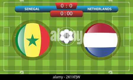 Annuncio della partita tra Senegal e Paesi Bassi nell'ambito del concorso internazionale di calcio. Illustrazione vettoriale. Modello sportivo. Illustrazione Vettoriale