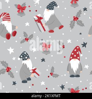 Cute modello di Natale con nani, campane di Natale e regali. Ripetizione senza giunture. Illustrazione Vettoriale