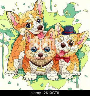 immagine di tre cuccioli di corgi carini su uno sfondo verde di vernice splash Foto Stock