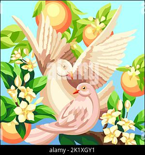 immagine di due colombe bianche con frutta e fiori d'arancio Foto Stock