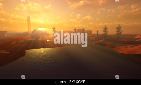 Acqua su Marte. Paesaggio marziano terraformante. Rendering 3D ad alta risoluzione estremamente dettagliato e realistico Foto Stock