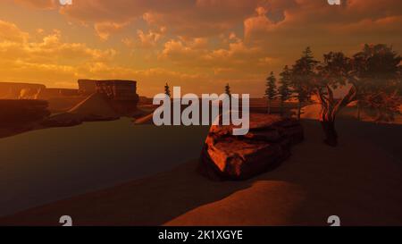 Acqua su Marte. Paesaggio marziano terraformante. Rendering 3D ad alta risoluzione estremamente dettagliato e realistico Foto Stock