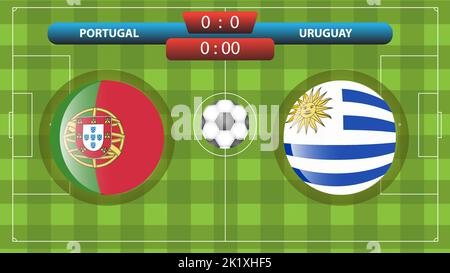 Modello di tabellone segnapunti Portogallo vs Uruguay per la competizione calcistica. Illustrazione vettoriale. Modello sportivo. Illustrazione Vettoriale