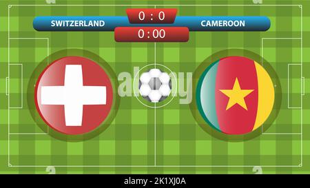 Annuncio della partita tra Svizzera e Camerun nell'ambito del concorso internazionale di calcio. Illustrazione vettoriale. Modello sportivo. Illustrazione Vettoriale