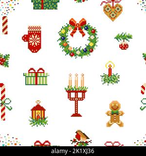 8 bit Vintage pixel Art Merry Christmas Pattern Illustrazione Vettoriale