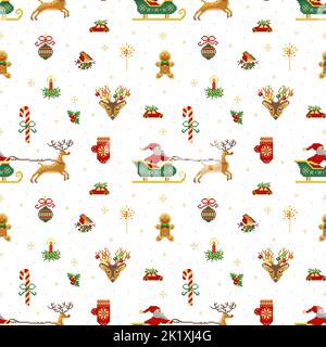 Vintage pixel Art Christmas Pattern con Babbo Natale Illustrazione Vettoriale