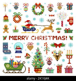 Pixel Art 8 bit Merry Natale icone set Illustrazione Vettoriale