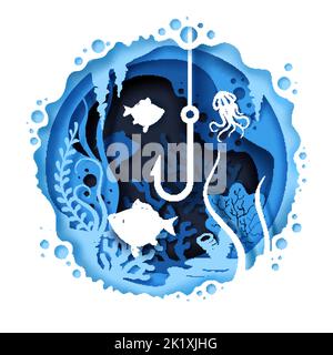 Carta da pesca marittima taglio vettoriale poster mestiere Illustrazione Vettoriale
