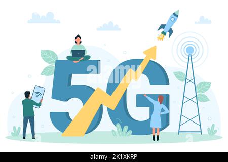 Illustrazione di Internet a 5G velocità, tecnologia di rete e vettore di comunicazione. Cartoon persone piccole che utilizzano dispositivi mobili e laptop per la connessione wireless a banda larga ad antenna cittadina vicino a 5G parola Illustrazione Vettoriale