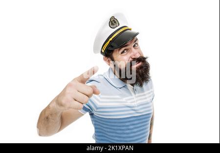 Spirito marinaio nato libero. Marinaio beared isolato su bianco. Marinaio o marinaio punta dito. Lavorare come marinaio. Marinaio professionista. Navy e marine Foto Stock