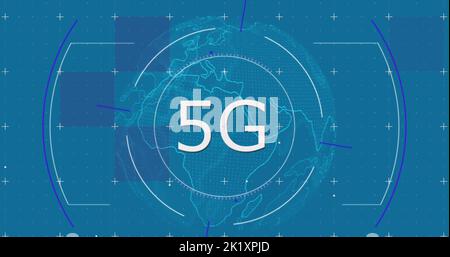 Immagine della scansione dell'oscilloscopio su globo e testo 5g su sfondo blu Foto Stock