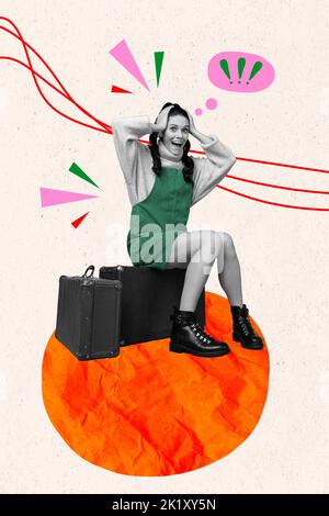 Creative 3D collage artwork cartolina poster magazine schizzo di felice persona sedersi vintage valise wow omg isolato su sfondo disegno Foto Stock