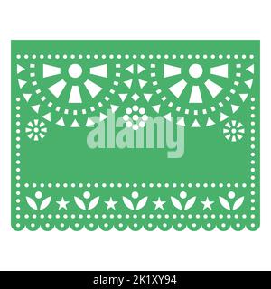 Papel Picado modello vettoriale vuoto Design messicano, motivo rotondo verde floreale con fiori ispirati alle decorazioni ritagliate in carta Illustrazione Vettoriale